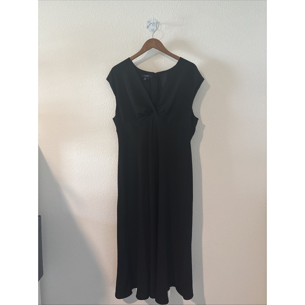 Chaps Midi Black Dress Cap Sleeves V Neck Twisted Front Black Tie Classic 16W